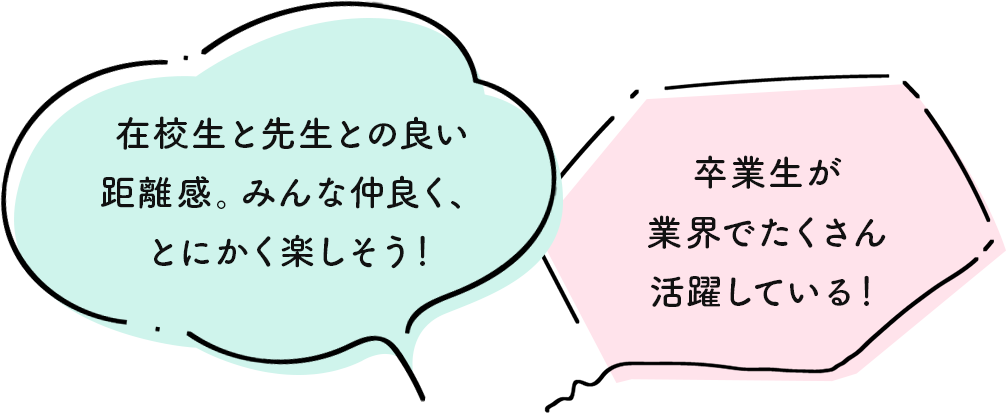 在校生と先生との良い距離感。みんな仲良く、特にかく楽しそう！卒業生が業界でたくさん活躍している！