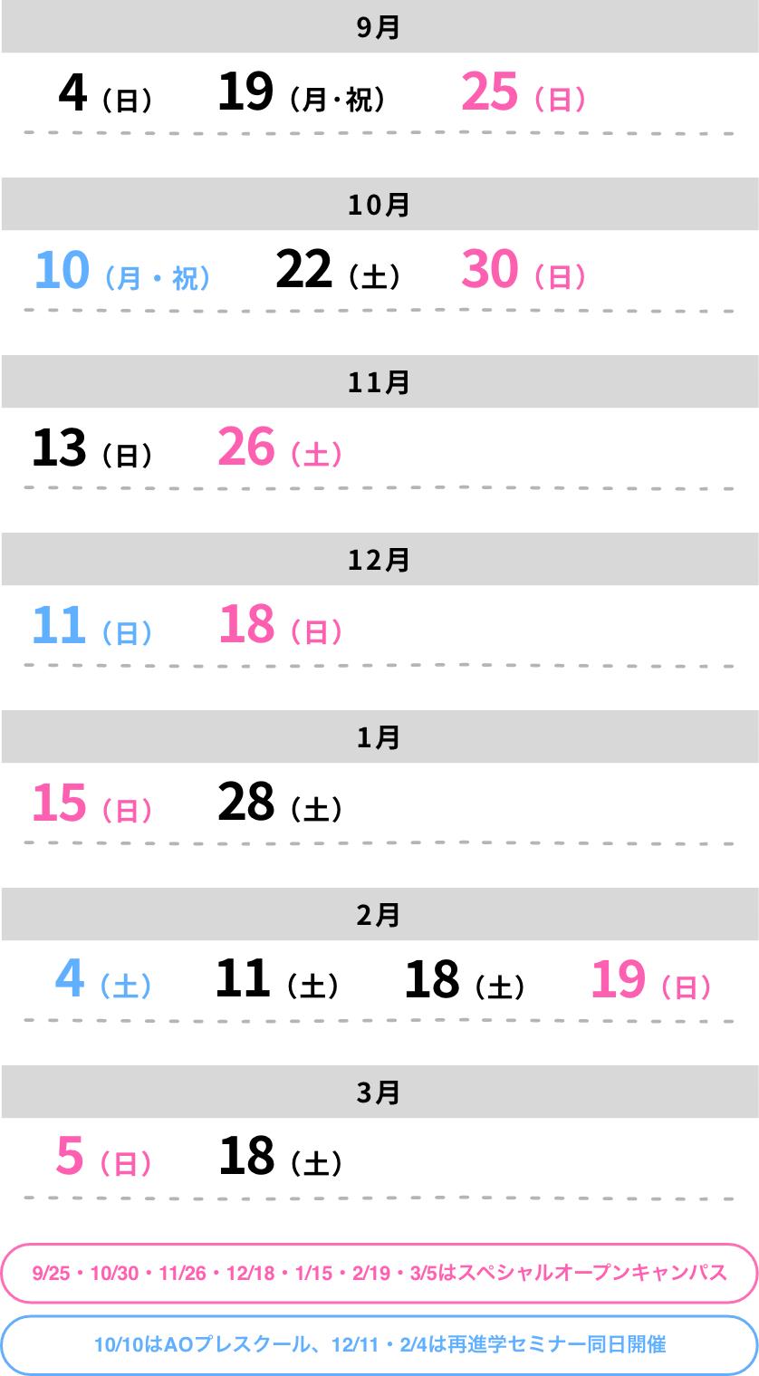 9/25・10/30・11/26・12/18・1/15・2/19・3/5はスペシャルオープンキャンパス、9/4はAOプレスクール、12/11・2/4は再進学セミナー同日開催