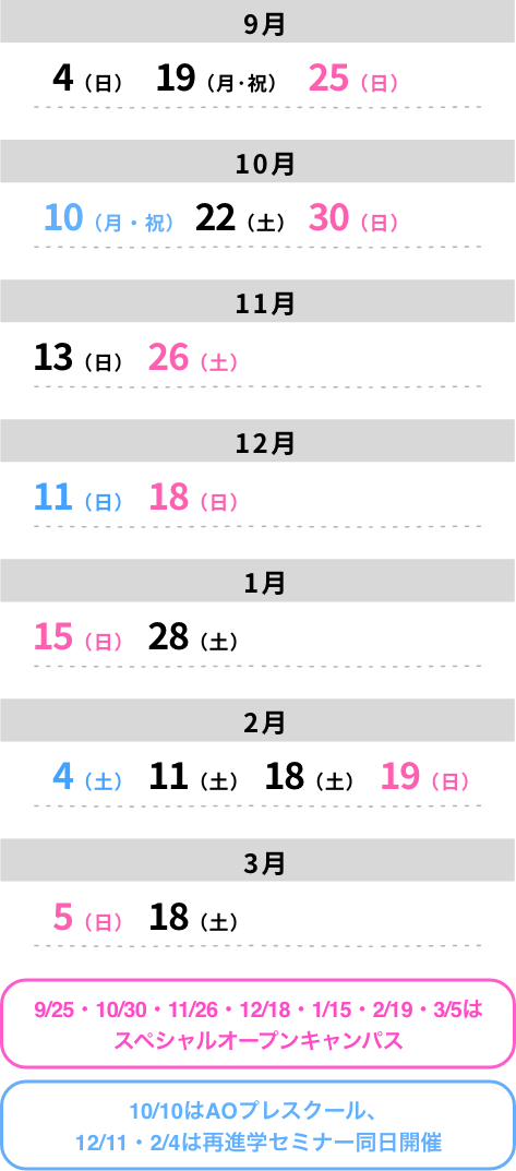 9/25・10/30・11/26・12/18・1/15・2/19・3/5はスペシャルオープンキャンパス、9/4はAOプレスクール、12/11・2/4は再進学セミナー同日開催