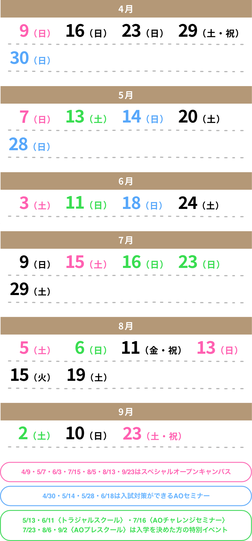 9/25・10/30・11/26・12/18・1/15・2/19・3/5はスペシャルオープンキャンパス、10/10はAOプレスクール、12/11・2/4は再進学セミナー同日開催